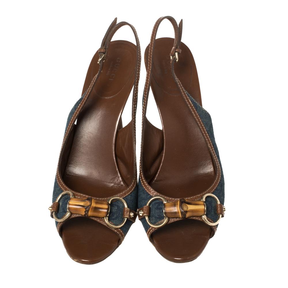 Gucci Blue Denim Bamboo Horsebit Slingback Sandals Size 41 In Good Condition In Dubai, Al Qouz 2