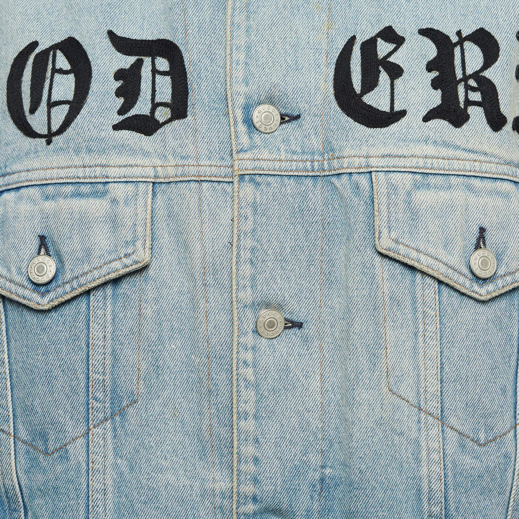 Grigio Gucci Giacca di jeans ricamata blu M. in vendita