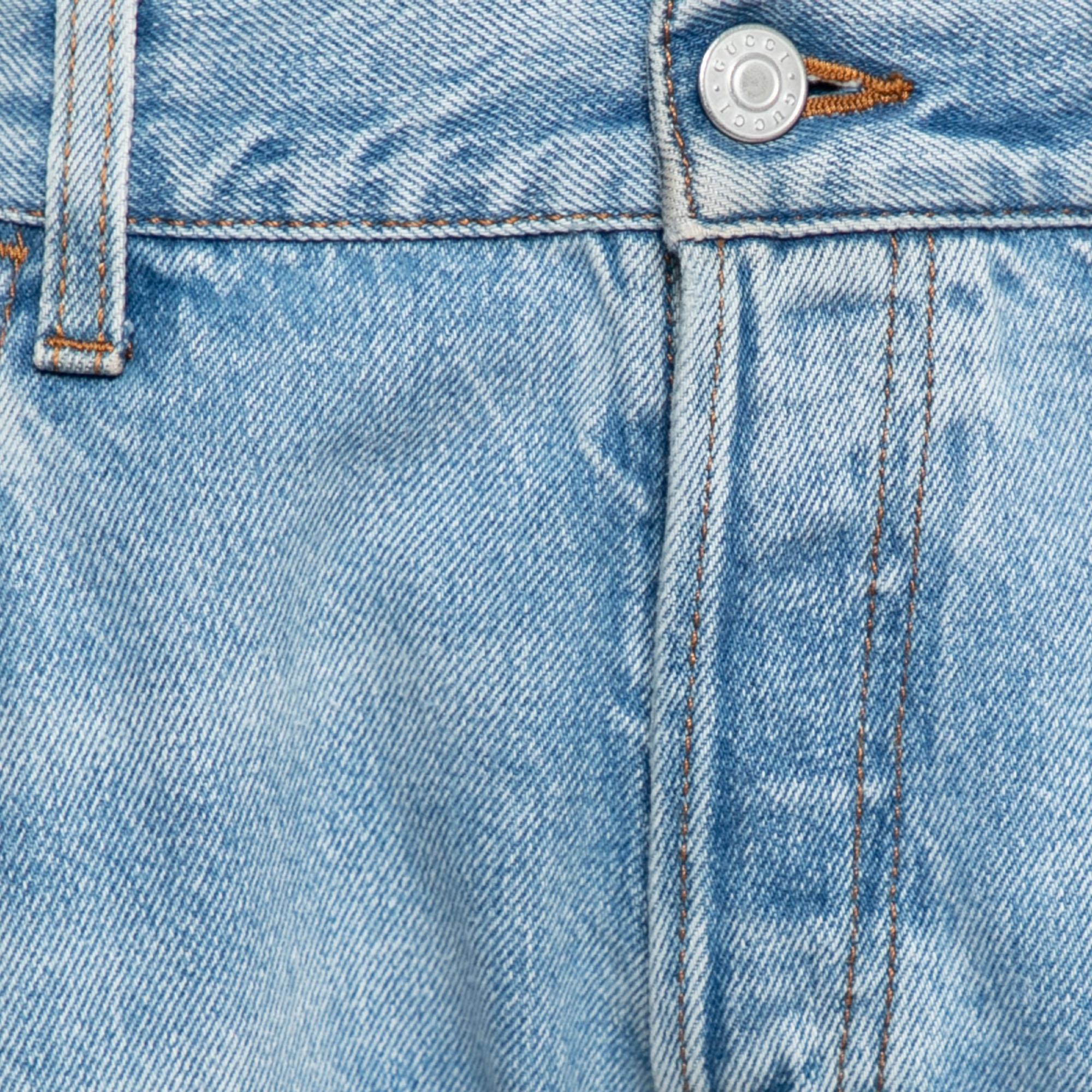 Gucci Blue Denim Floral Bee Embroidered Tapered Jeans M In Good Condition In Dubai, Al Qouz 2