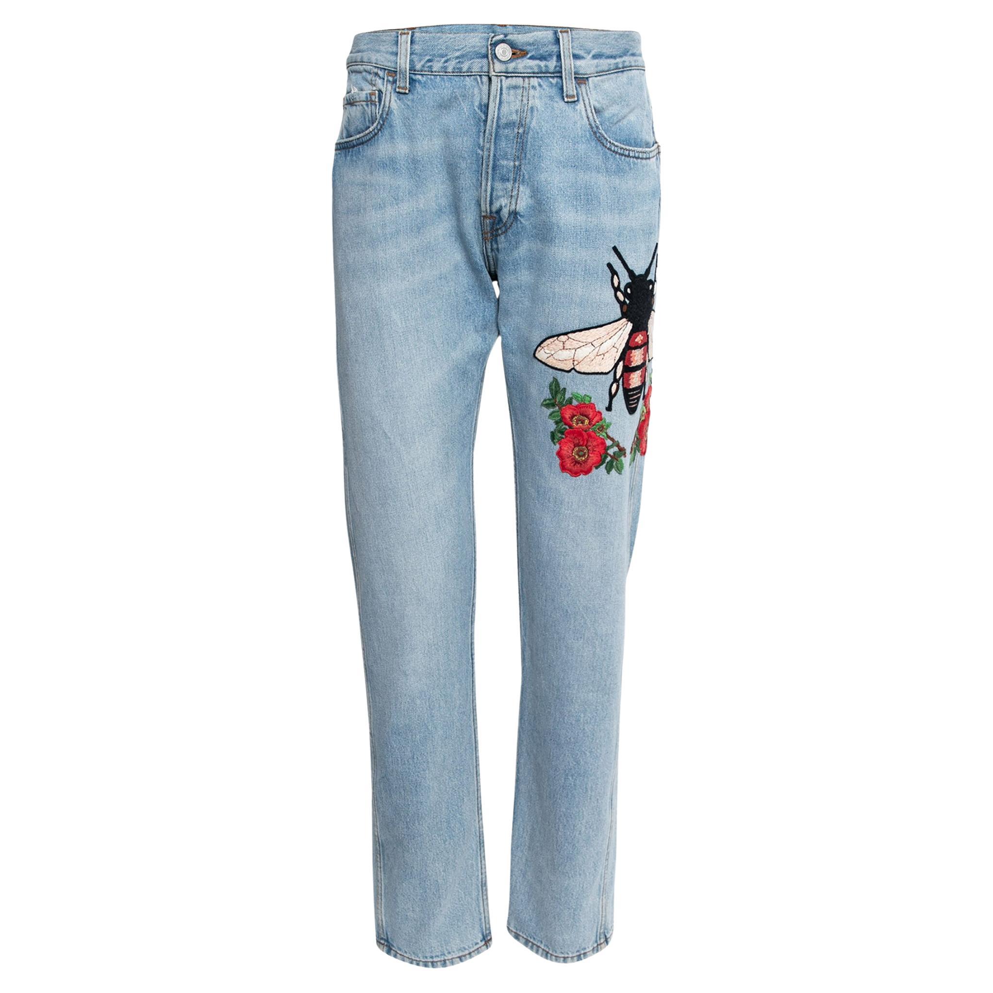 Gucci Blue Denim Floral Bee Embroidered Tapered Jeans M at 1stDibs
