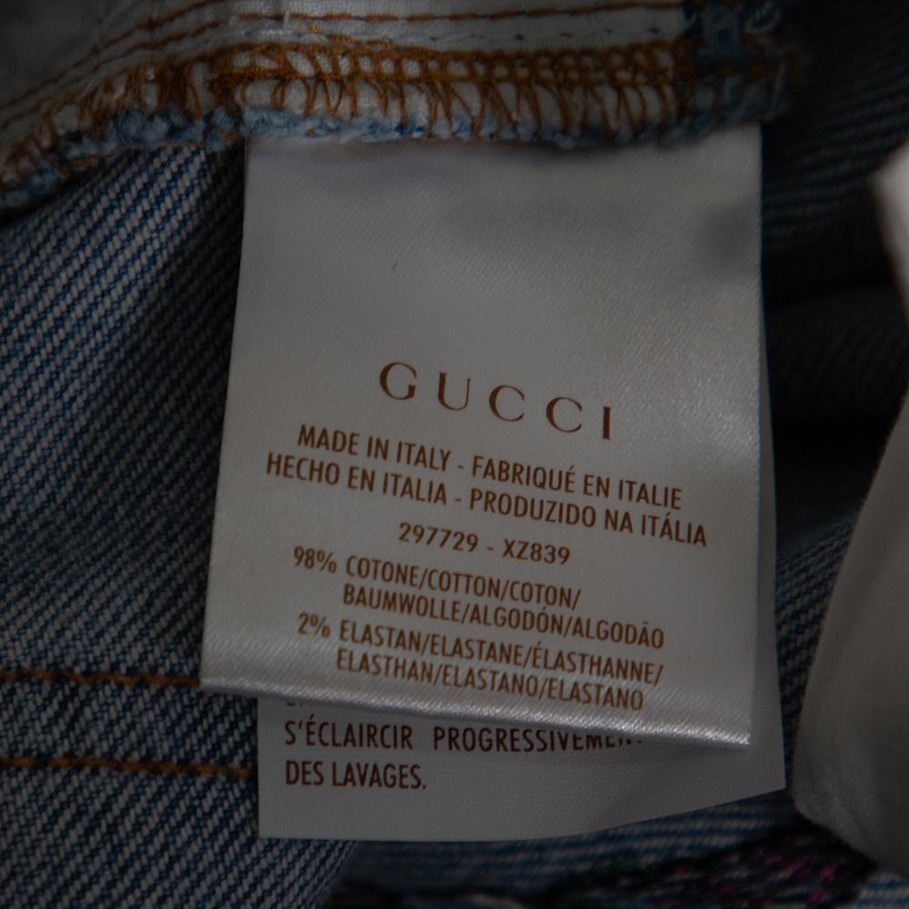 Gucci Blue Denim Floral Embroidered Legging Jeans M In Good Condition In Dubai, Al Qouz 2