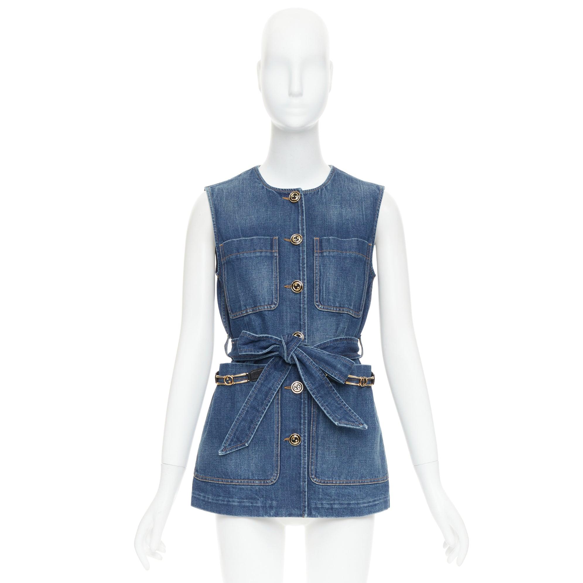 GUCCI blue denim gold GG buttons horsebit leather belted vest IT38 XS For Sale 5