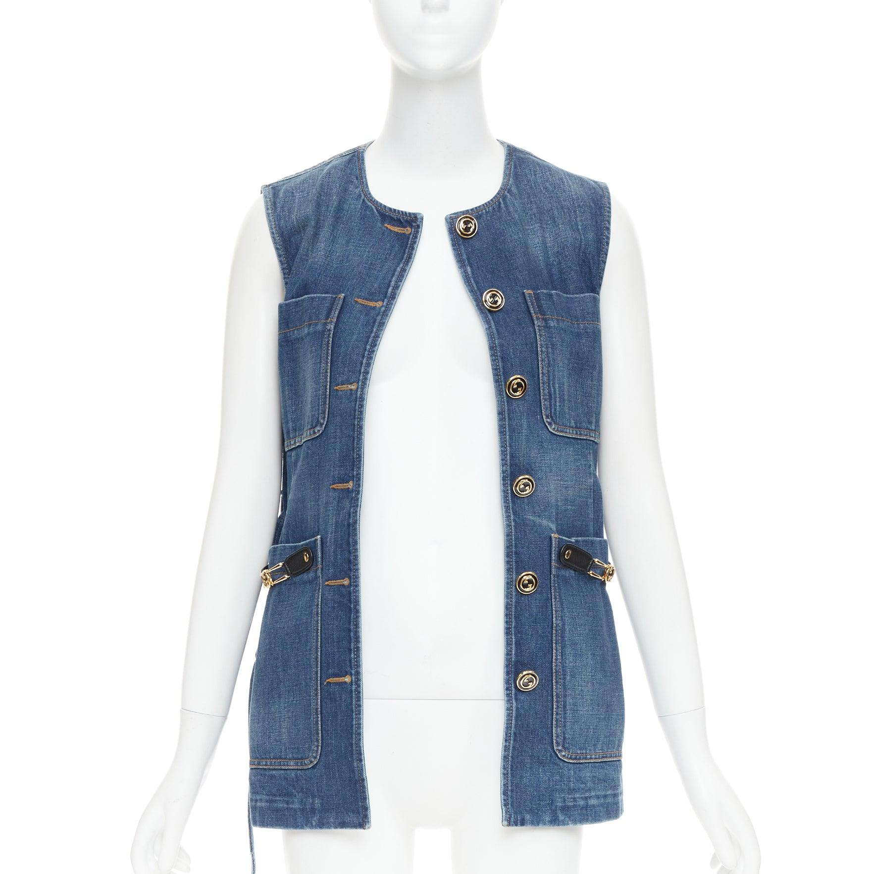 Blue GUCCI blue denim gold GG buttons horsebit leather belted vest IT38 XS For Sale
