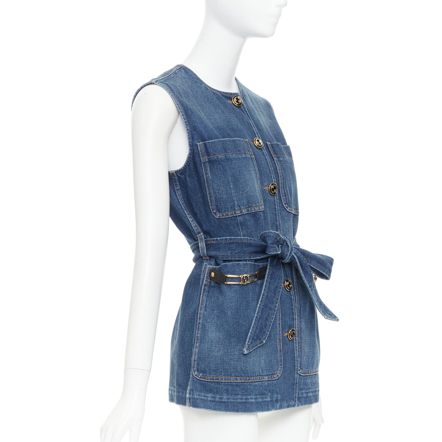 GUCCI blue denim gold GG buttons horsebit leather belted vest IT38 XS In Excellent Condition For Sale In Hong Kong, NT