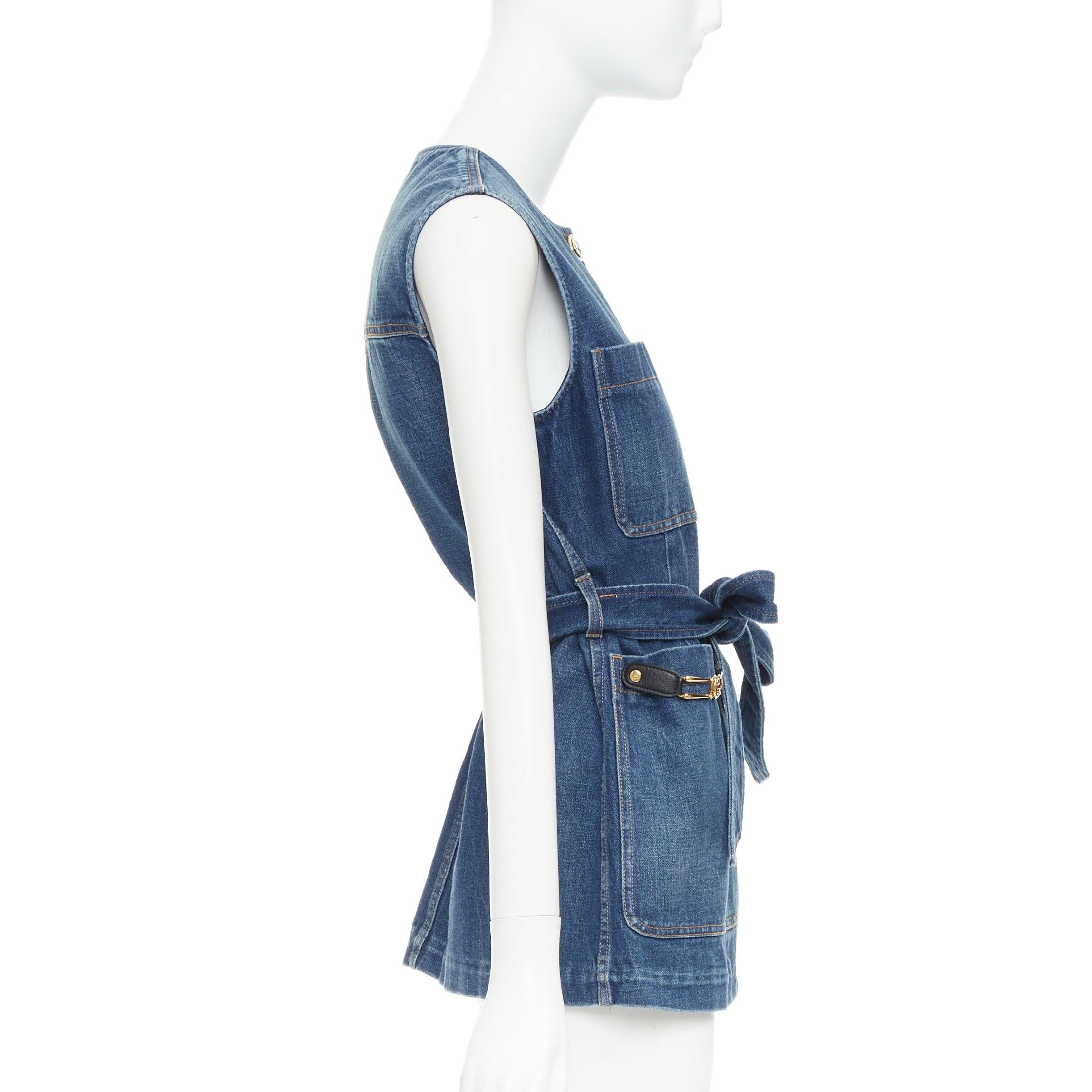 Women's GUCCI blue denim gold GG buttons horsebit leather belted vest IT38 XS For Sale