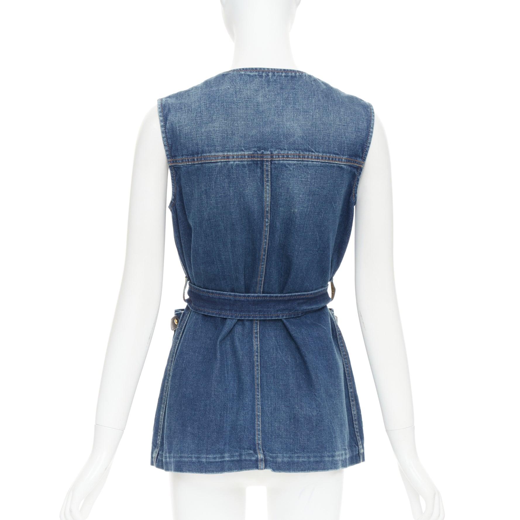 GUCCI blue denim gold GG buttons horsebit leather belted vest IT38 XS For Sale 1