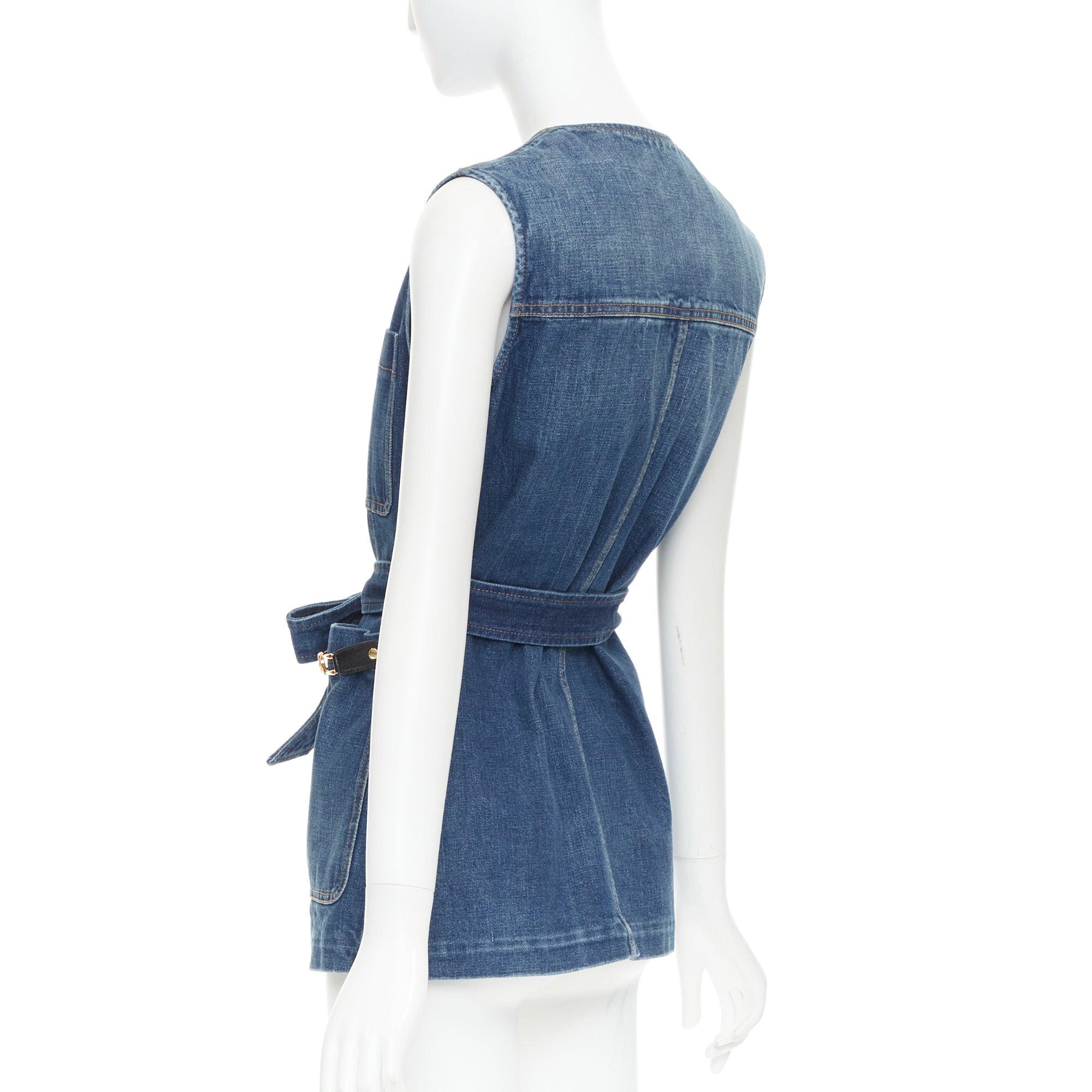 GUCCI blue denim gold GG buttons horsebit leather belted vest IT38 XS For Sale 2