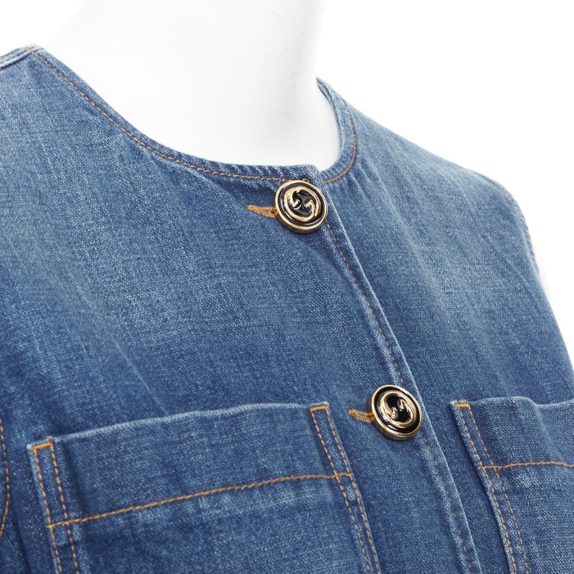 GUCCI blue denim gold GG buttons horsebit leather belted vest IT38 XS For Sale 3