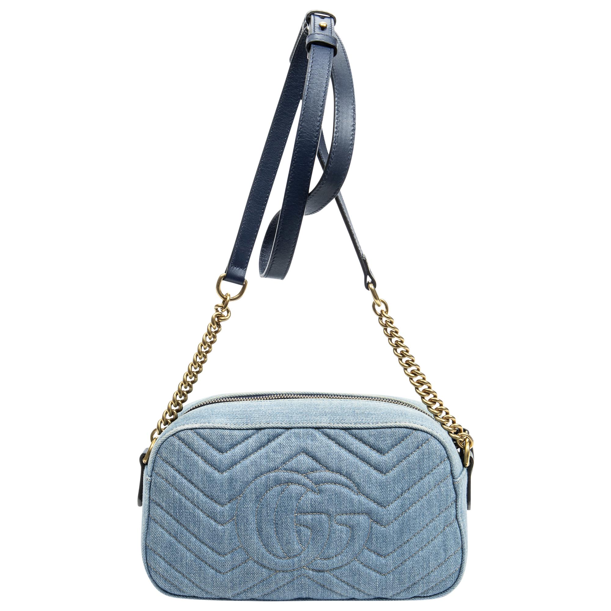 Gucci Blue Denim Small GG Marmont Pearl Bag In Good Condition For Sale In Atlanta, GA