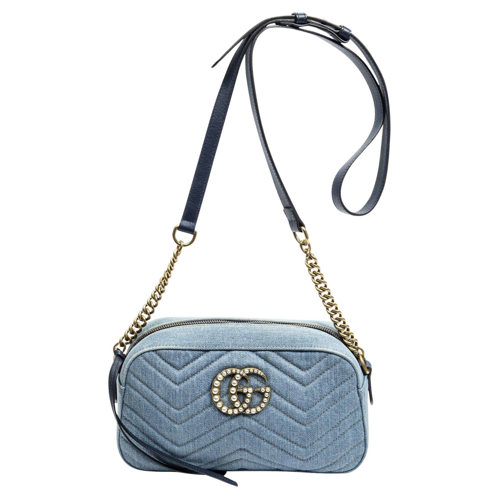 Gucci Blue Denim Small GG Marmont Pearl Bag For Sale