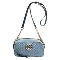 Gucci Blue Denim Small GG Marmont Pearl Bag
