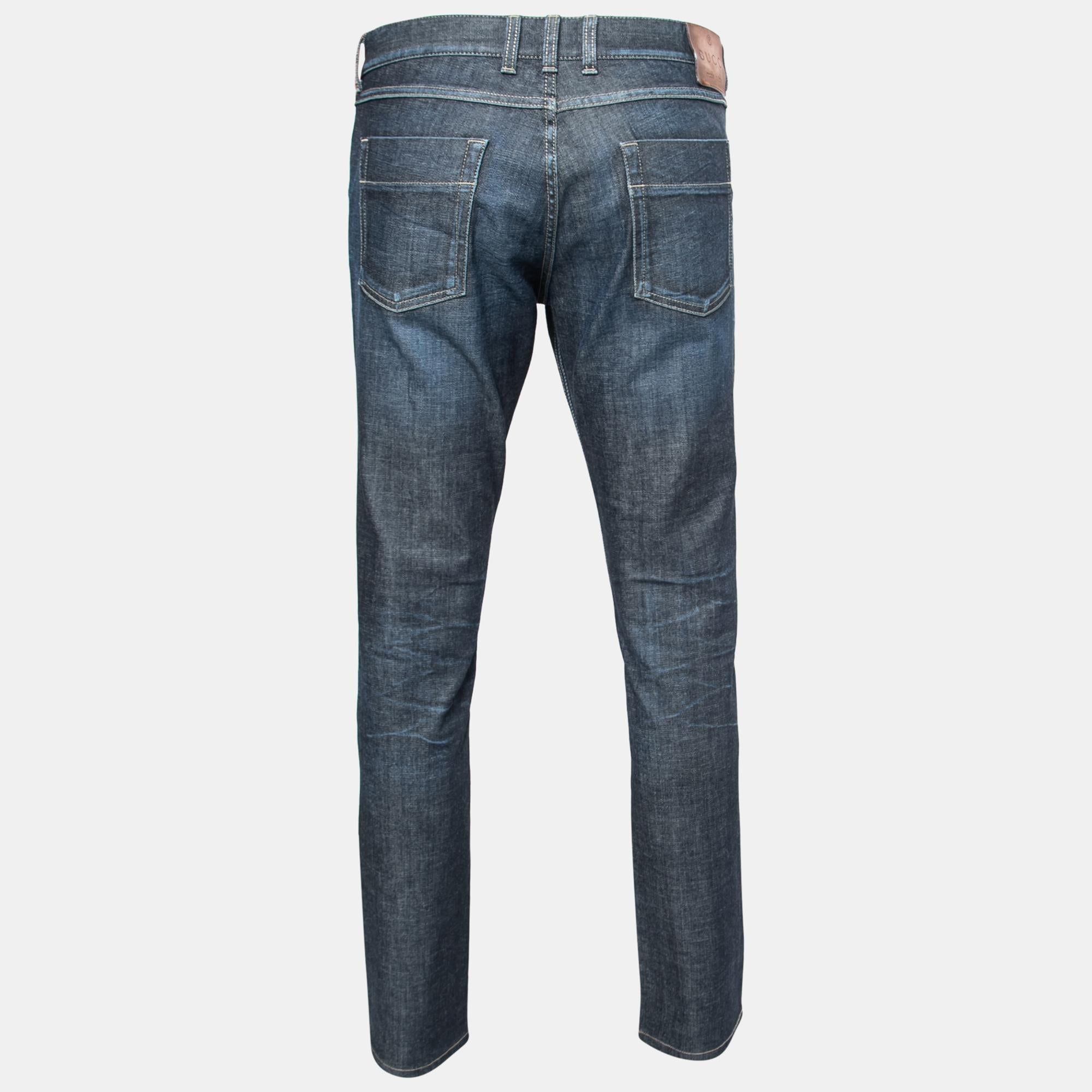 These Gucci men's jeans are a must-have wardrobe essential. These blue denim jeans can be dressed both up and down for looks that are either casual and comfy or smart and fashionable.

