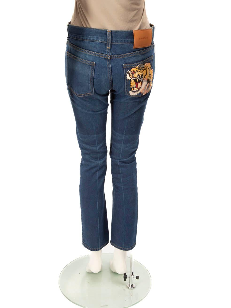 Gucci Blue Denim Tiger & Floral Embroidered Jeans Size XS In Good Condition In London, GB