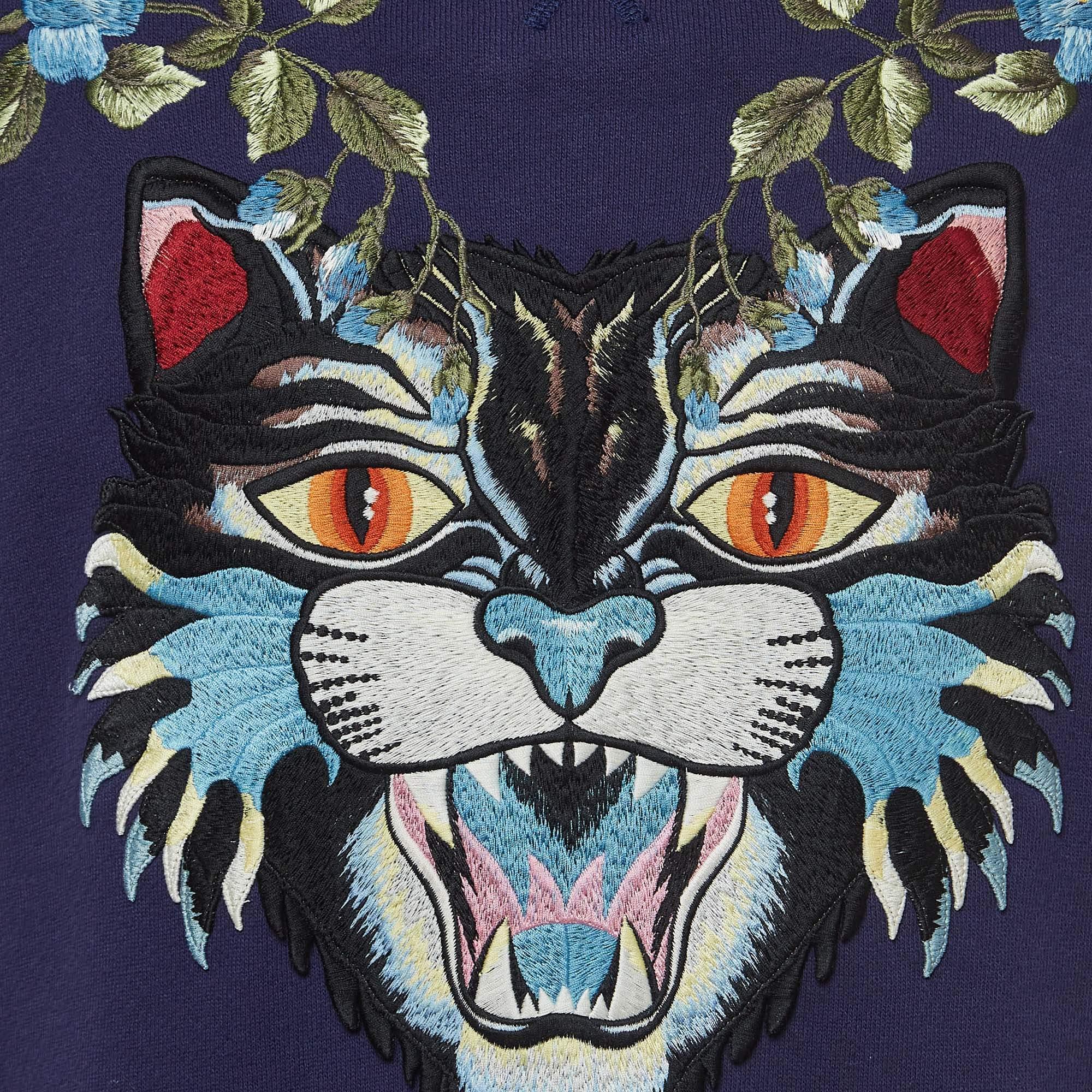 Black Gucci Blue Embroidered Cotton Crewneck Sweatshirt XS For Sale