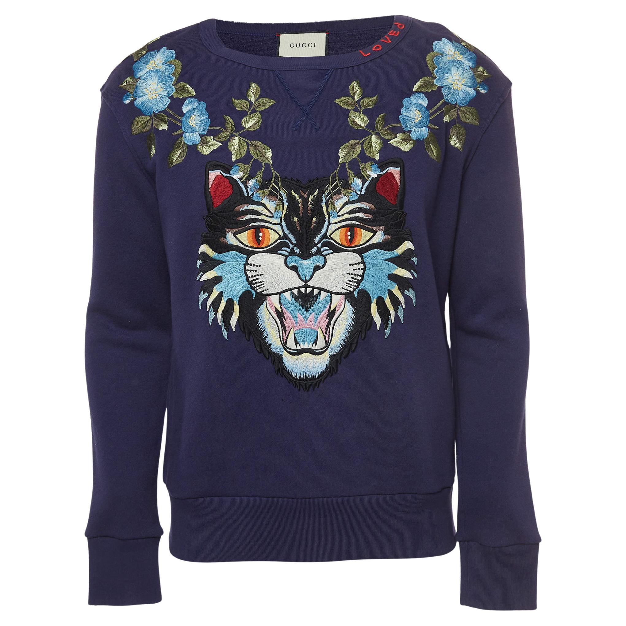 Gucci Blue Embroidered Cotton Crewneck Sweatshirt XS For Sale