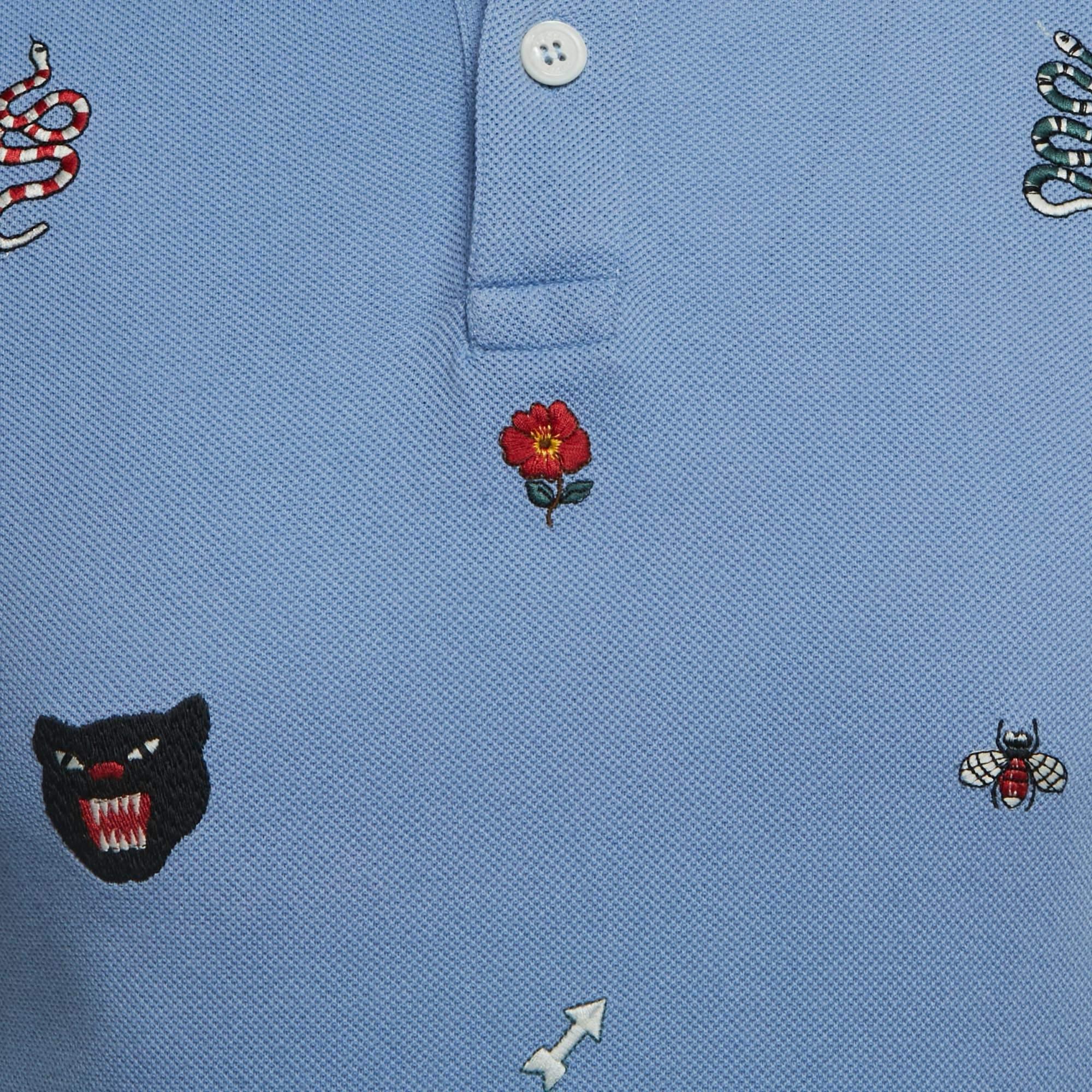 Gucci Blue Embroidered Cotton Pique Polo T-Shirt M In Good Condition In Dubai, Al Qouz 2
