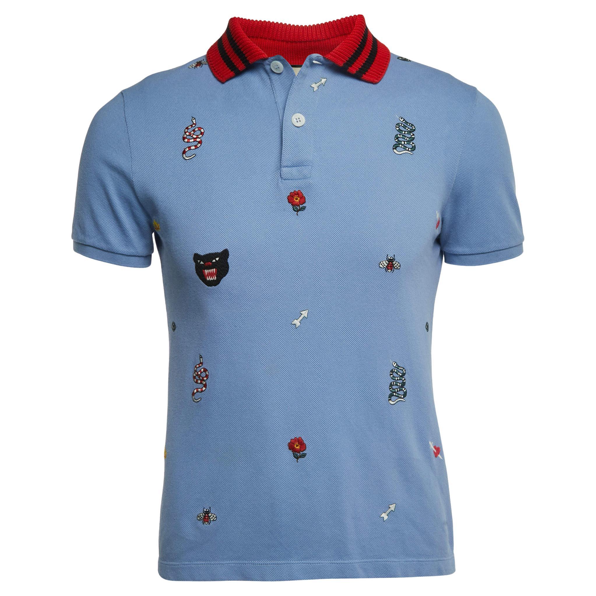 Gucci Blue Embroidered Cotton Pique Polo T-Shirt M