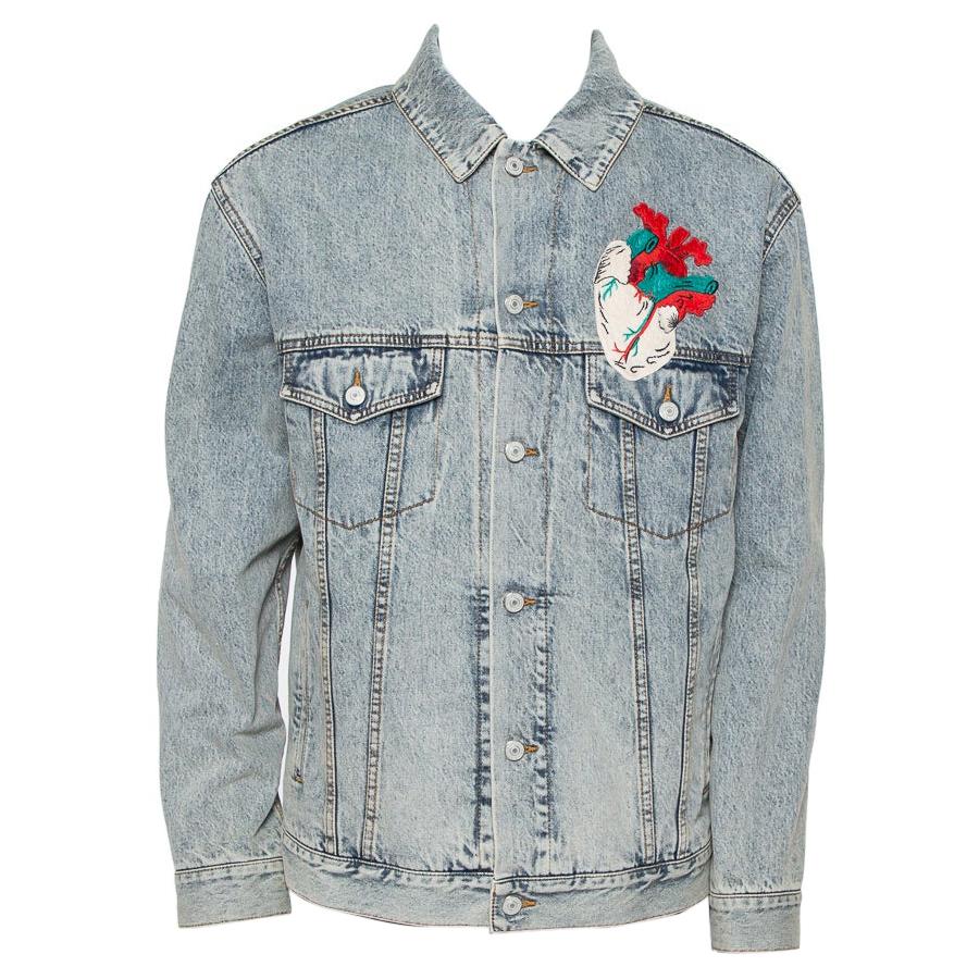 Gucci Blue Faded Denim Heart Applique & Embroidered Oversized Jacket XS