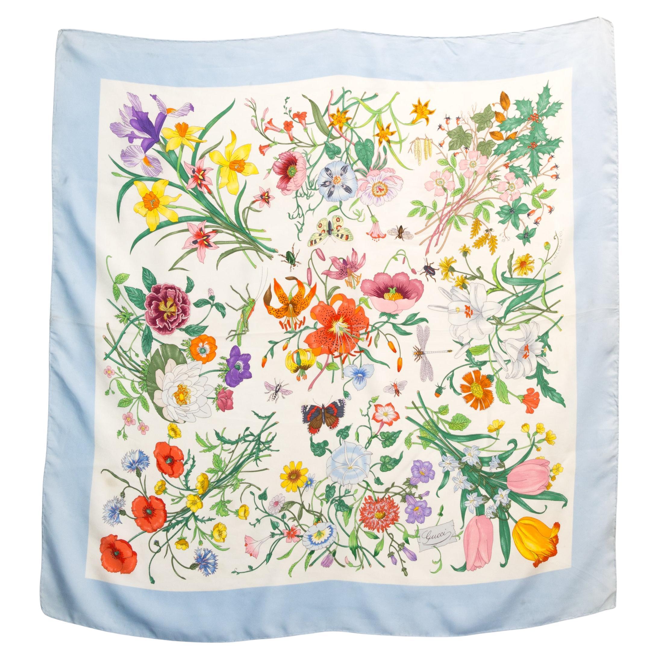 Gucci Blue Flora Printed Silk Scarf