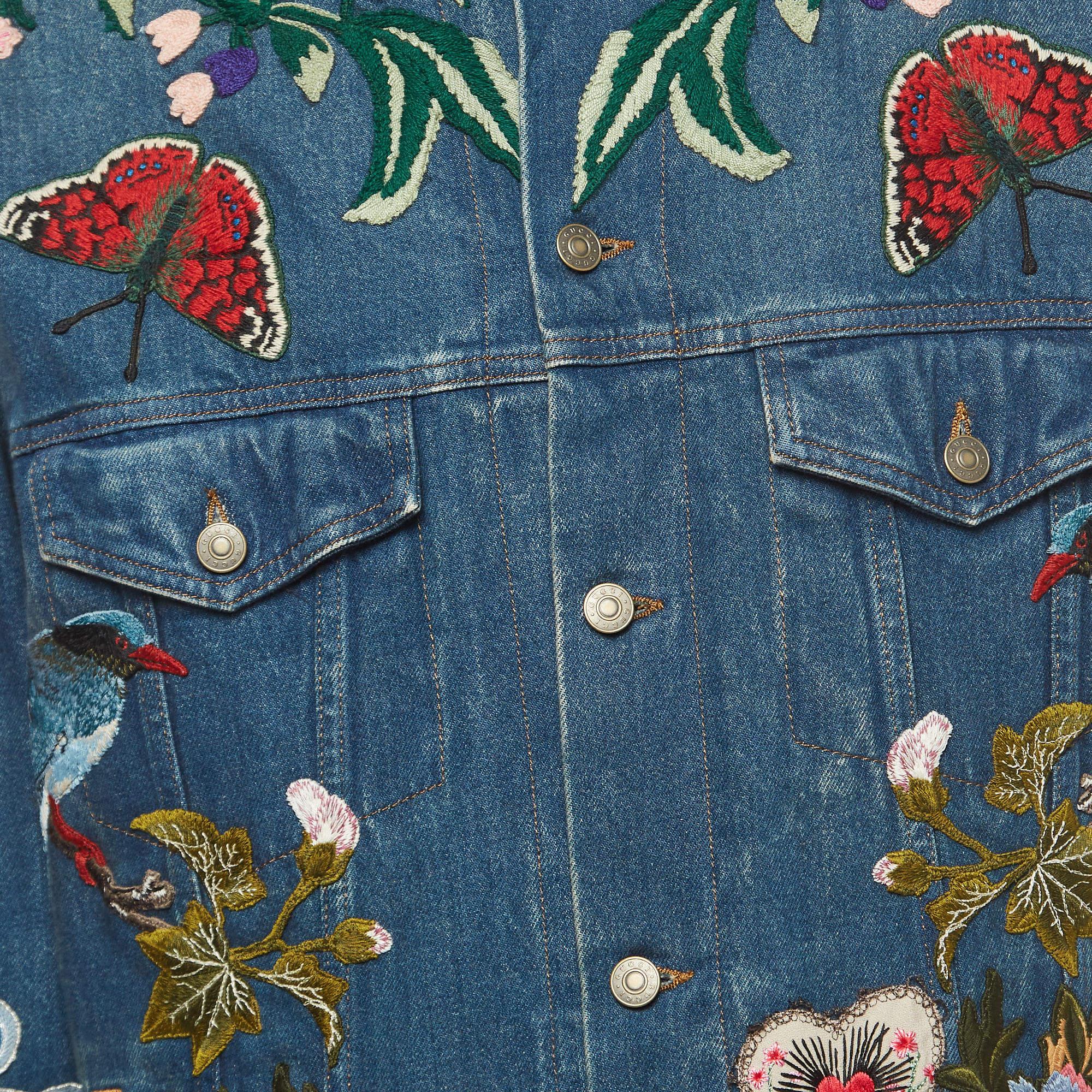 Men's Gucci Blue Floral Embroidered Denim Jacket L For Sale