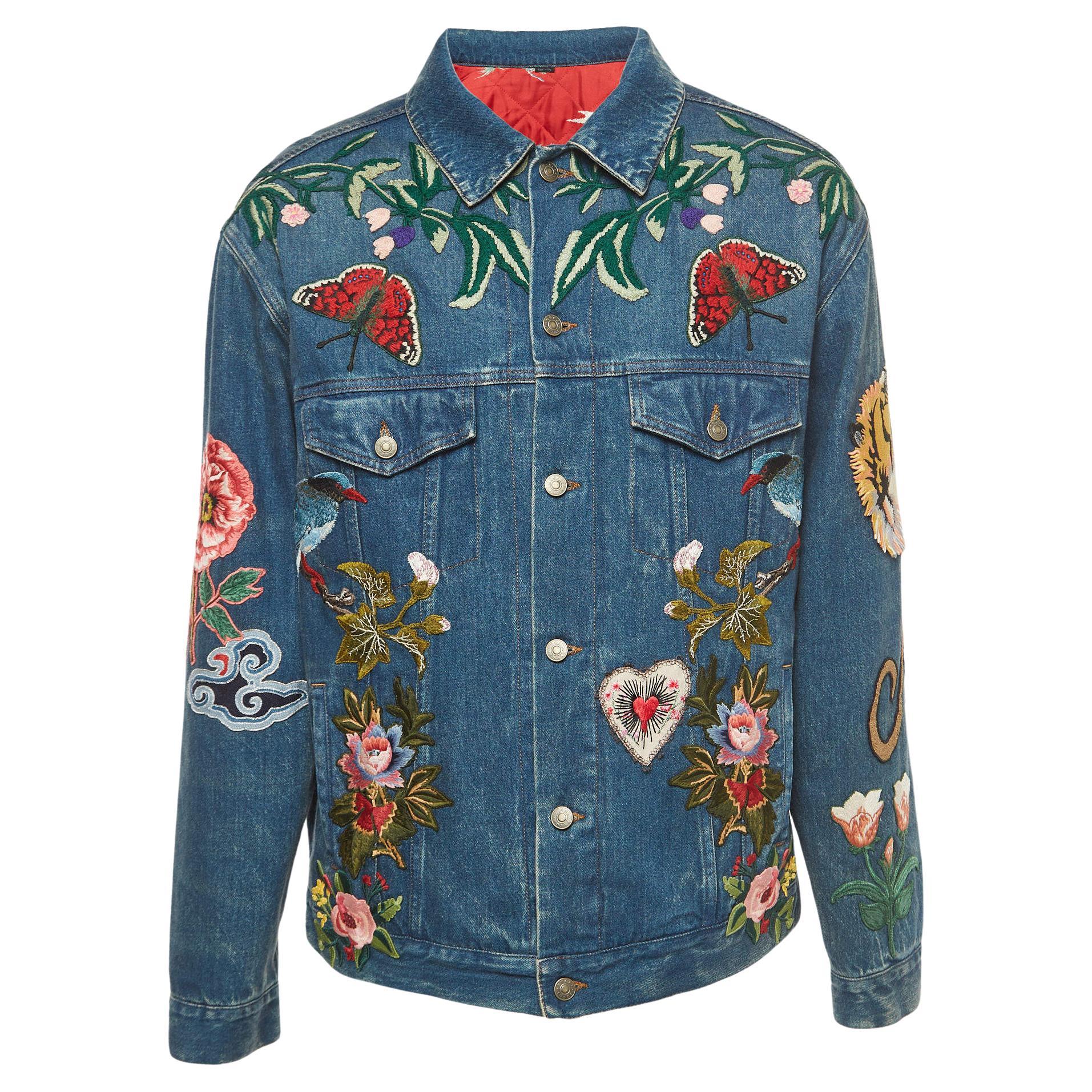 Gucci Blue Floral Embroidered Denim Jacket L For Sale