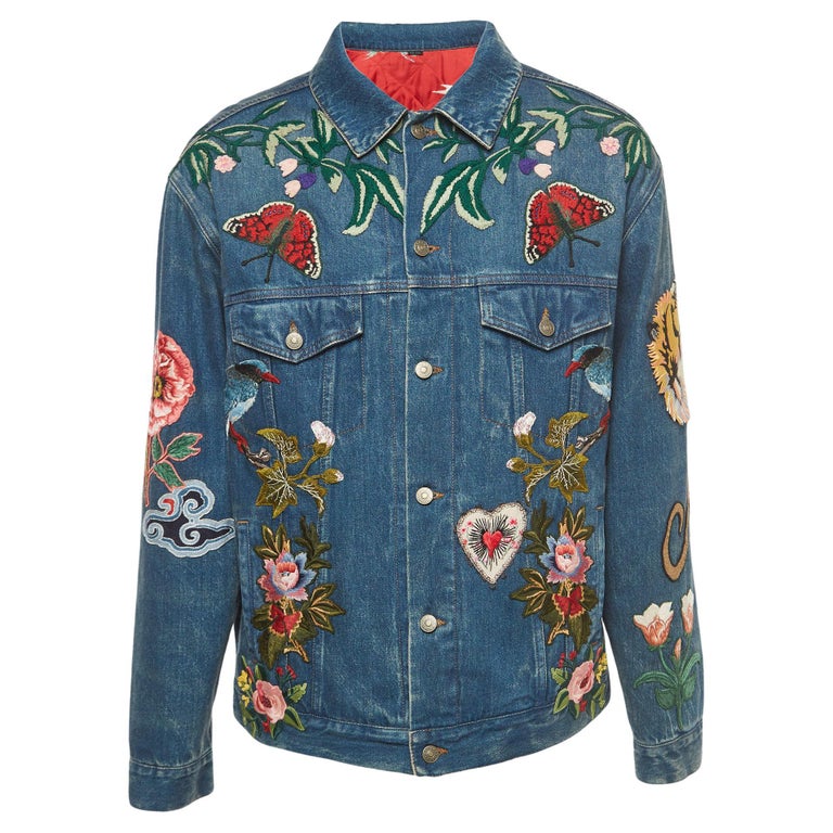 Gucci Blue Floral Embroidered Denim Jacket L For Sale at 1stDibs