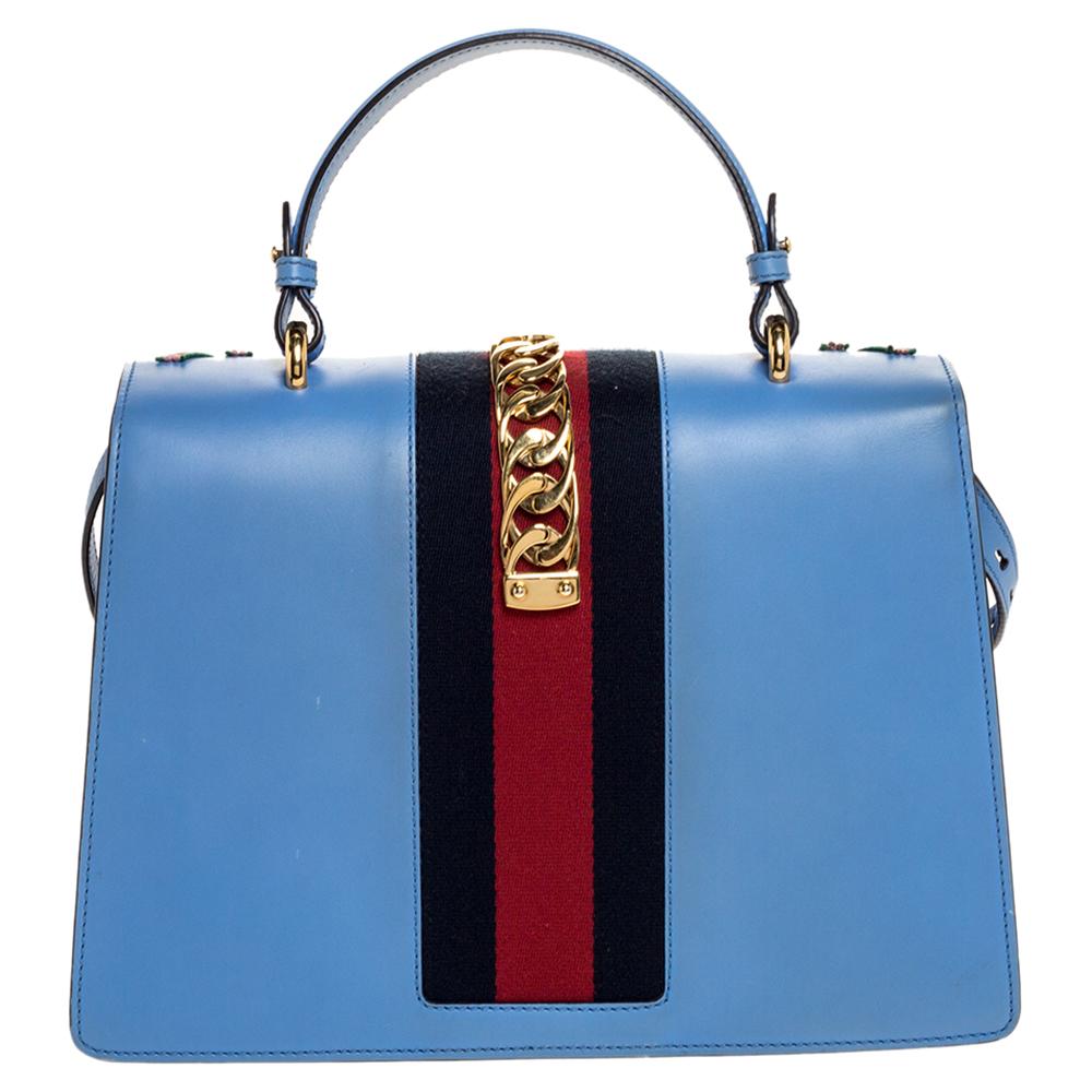 Gucci Blue Floral Embroidered Leather Medium Sylvie Top Handle Bag 4