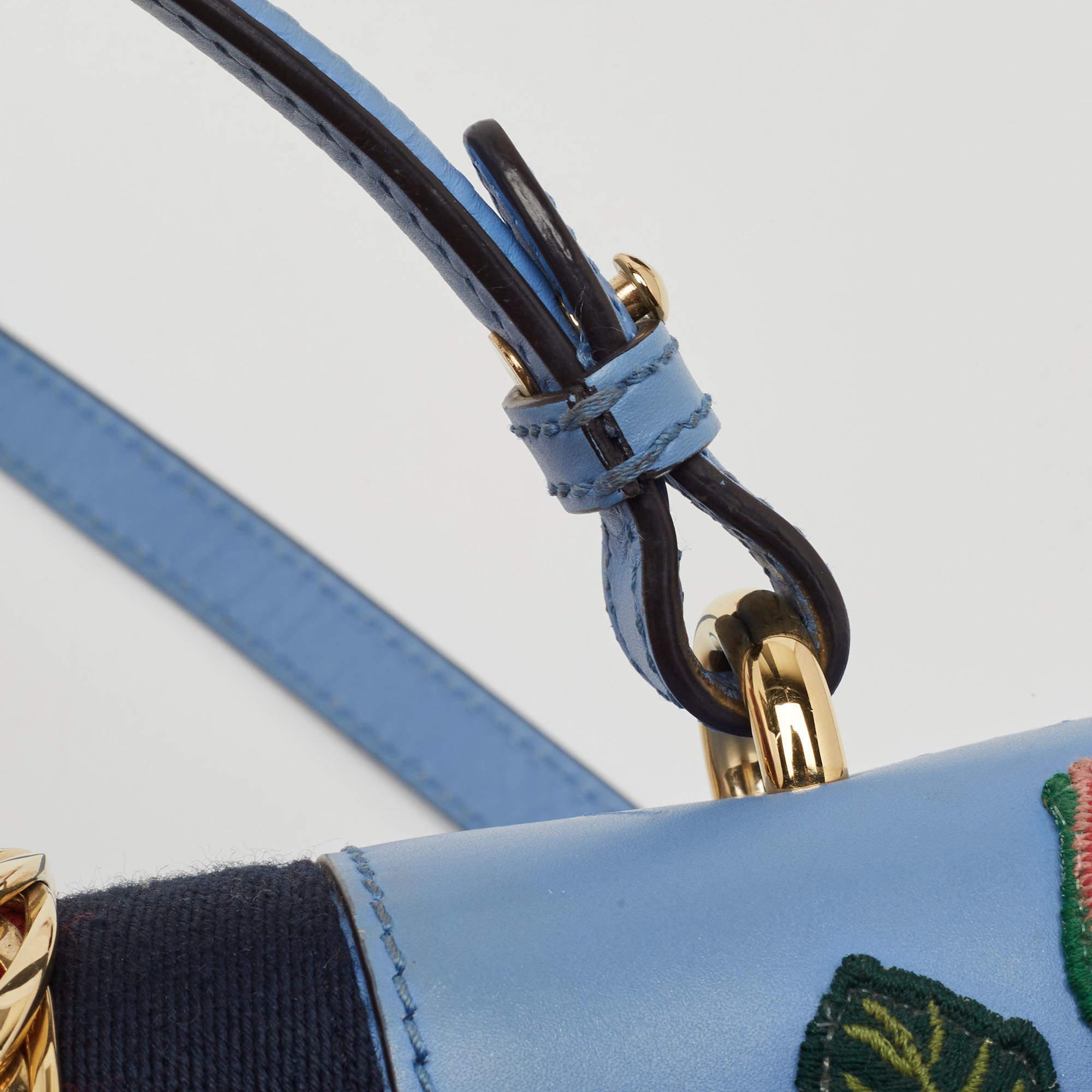 Gucci Blue Floral Embroidered Leather Medium Sylvie Top Handle Bag 6
