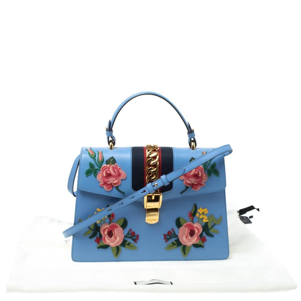 Gucci Blue Floral Embroidered Leather Medium Sylvie Top Handle Bag 5