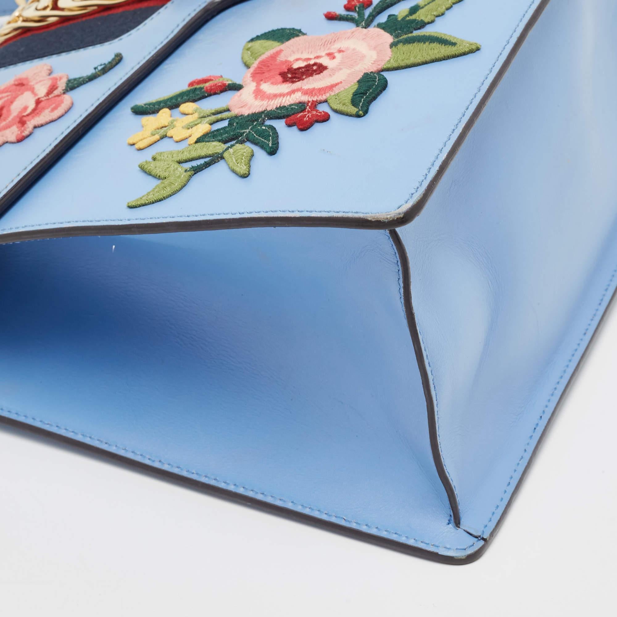 Gucci Blue Floral Embroidered Leather Medium Sylvie Top Handle Bag 13