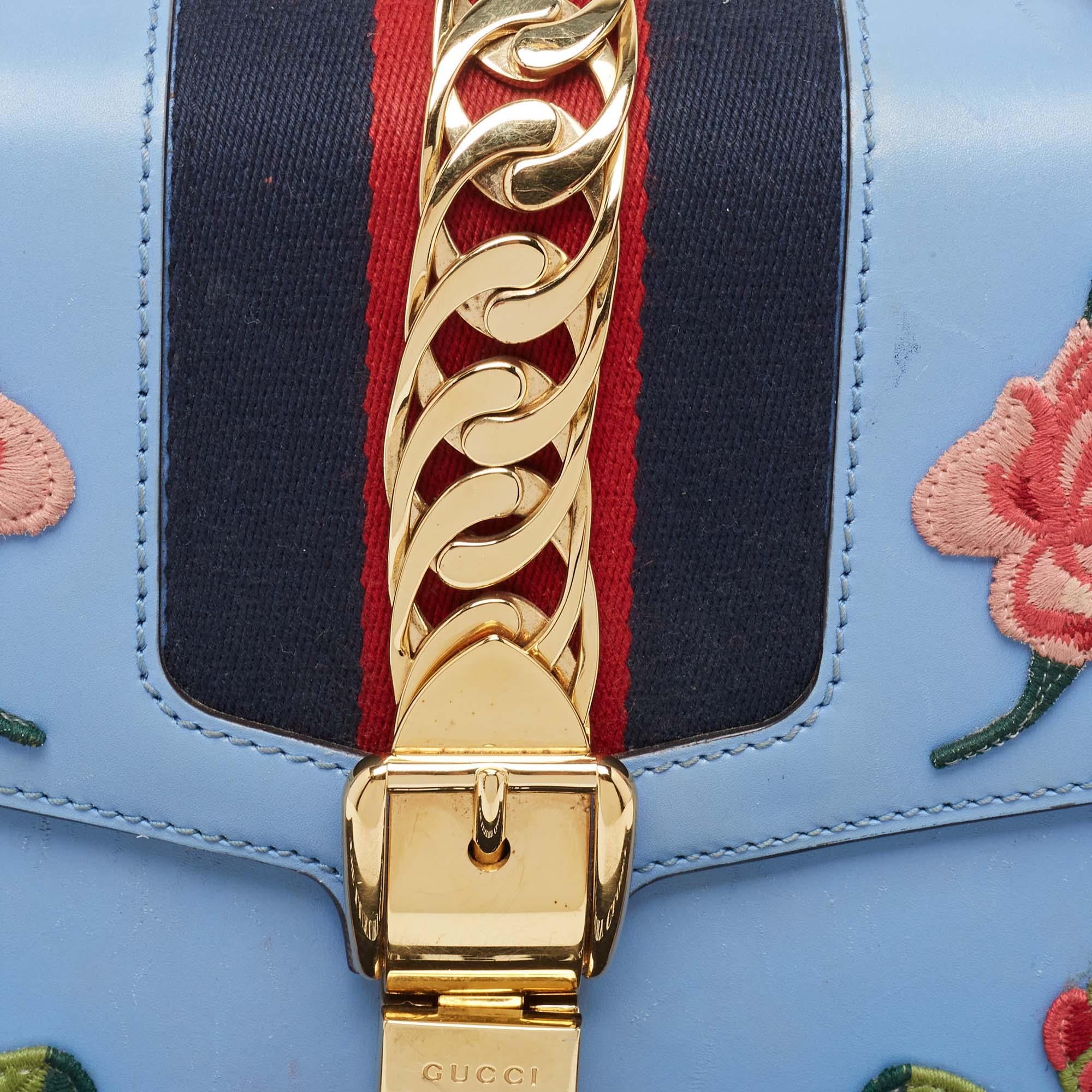 Gucci Blue Floral Embroidered Leather Medium Sylvie Top Handle Bag For Sale 14