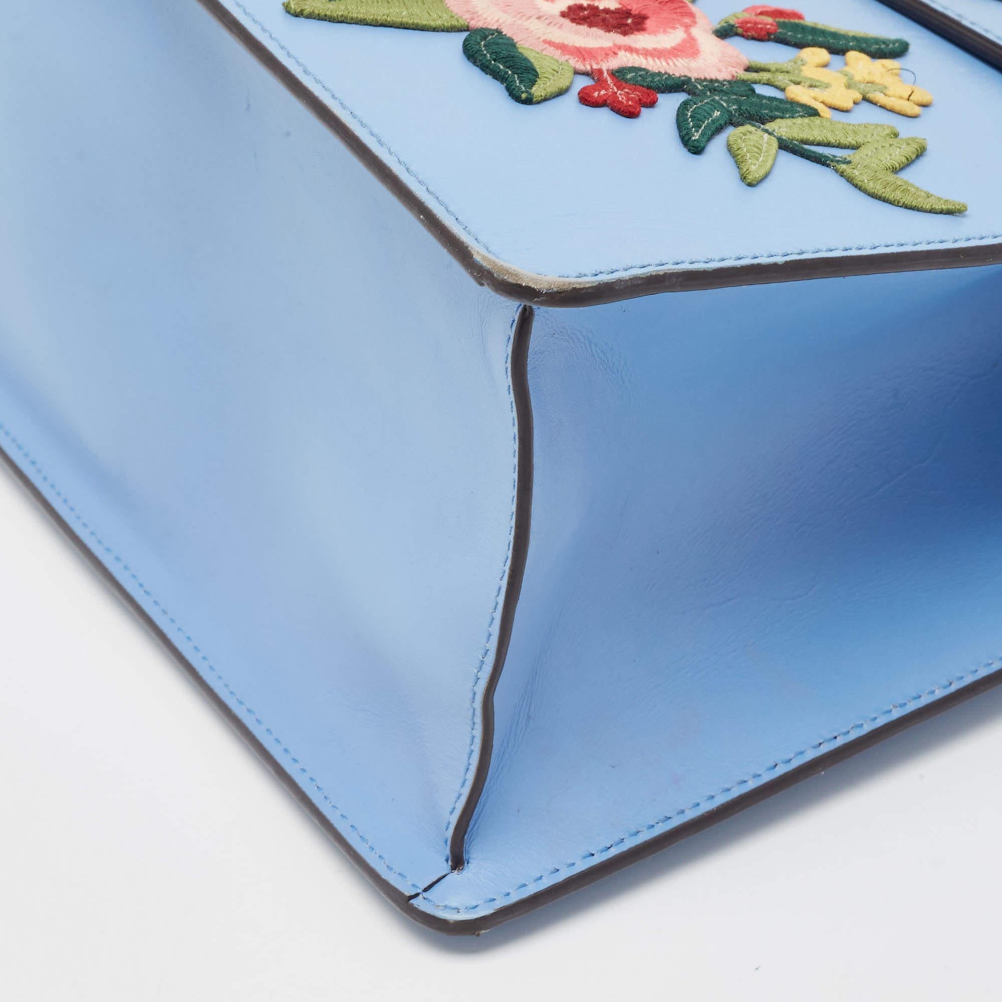 Gucci Blue Floral Embroidered Leather Medium Sylvie Top Handle Bag 14