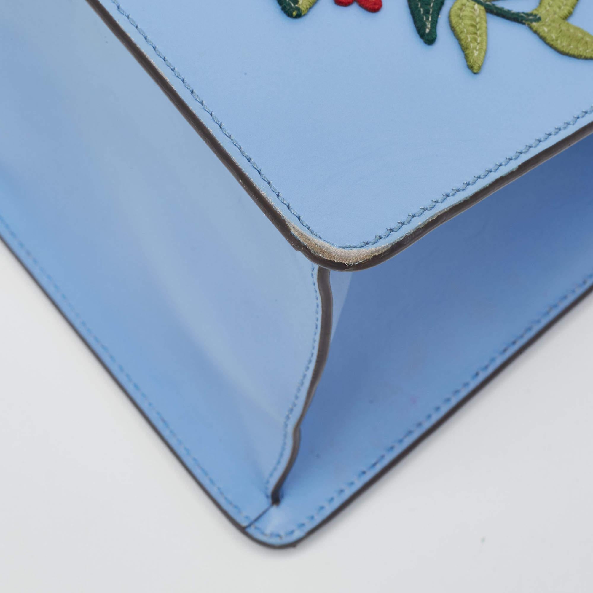 Gucci Blue Floral Embroidered Leather Medium Sylvie Top Handle Bag 15