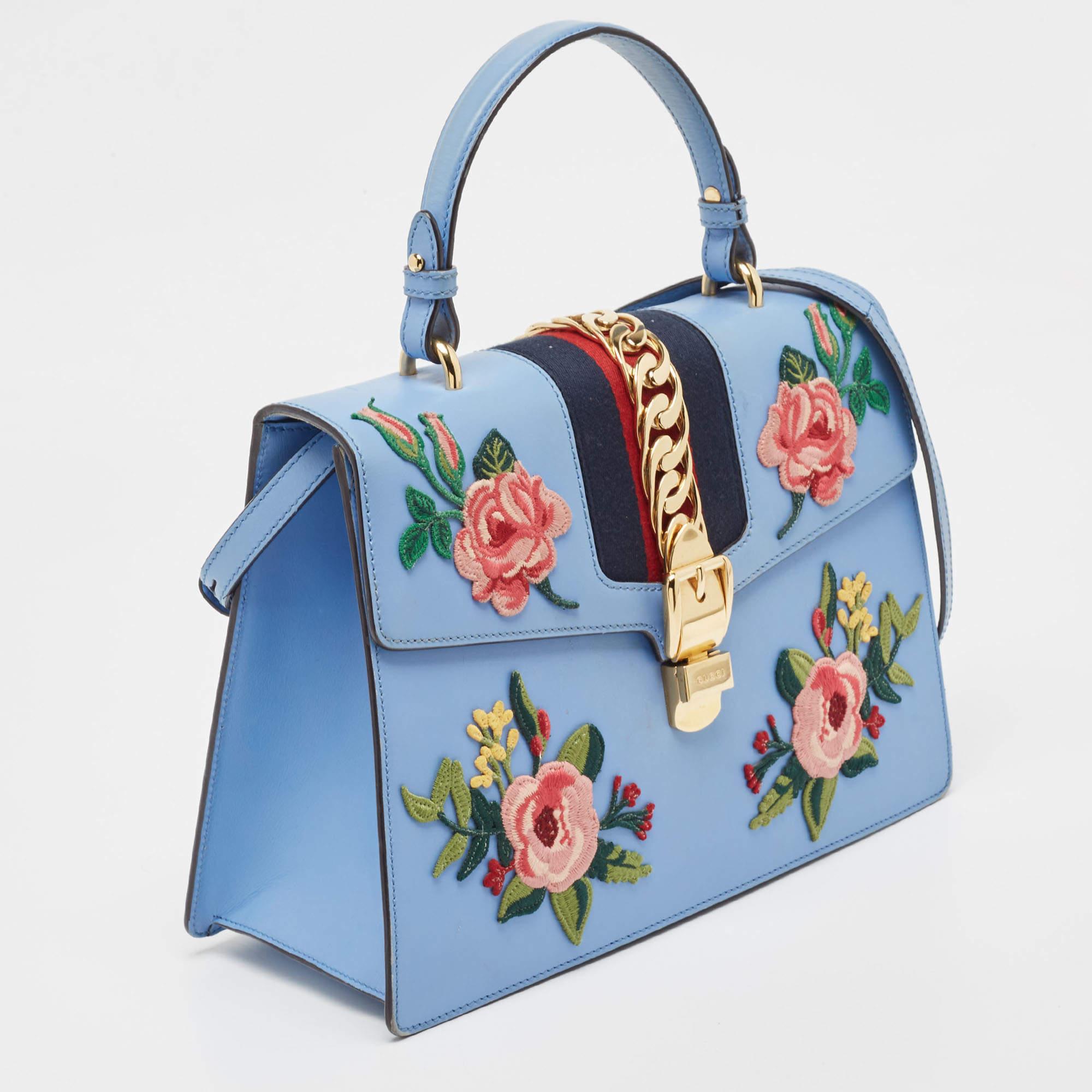 Gucci Blue Floral Embroidered Leather Medium Sylvie Top Handle Bag In Good Condition In Dubai, Al Qouz 2