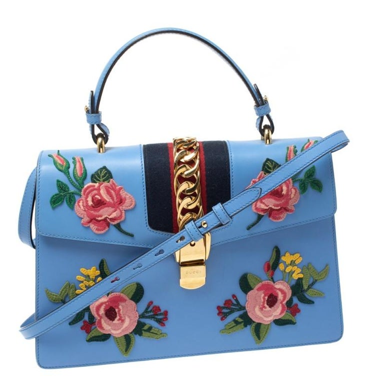 Gucci Blue Floral Embroidered Leather Medium Sylvie Top Handle Bag at  1stDibs | gucci blue flower bag, gucci blue floral bag, blue floral handbag