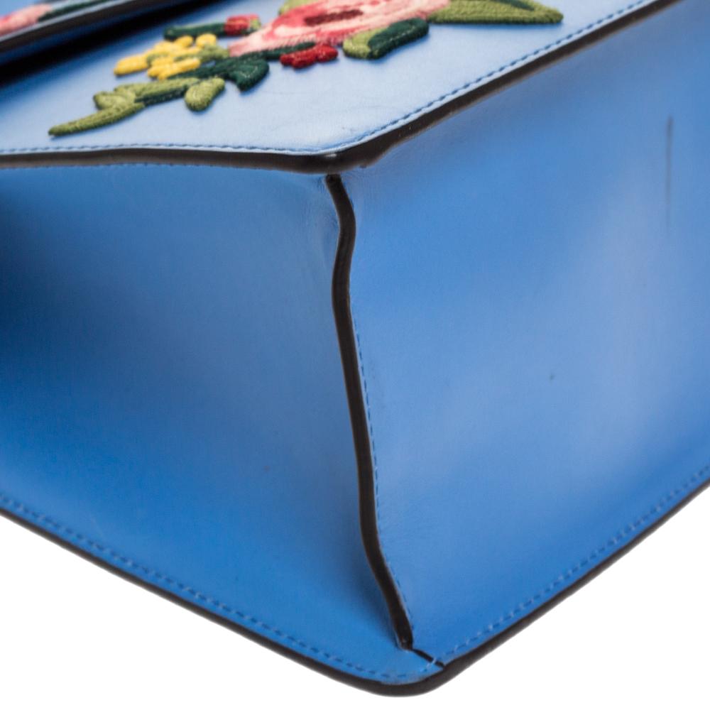 Gucci Blue Floral Embroidered Leather Medium Sylvie Top Handle Bag In Good Condition In Dubai, Al Qouz 2
