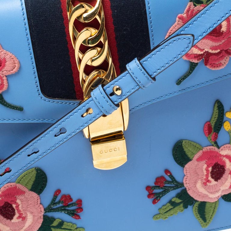 Gucci Blue Floral Embroidered Leather Medium Sylvie Top Handle Bag