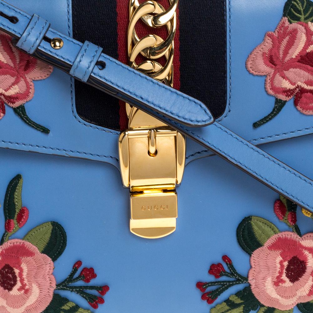 Gucci Blue Floral Embroidered Leather Medium Sylvie Top Handle Bag 3