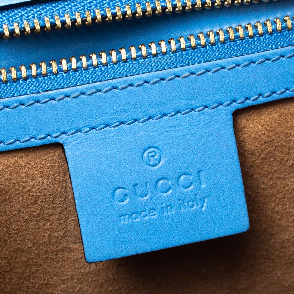 Gucci Blue Floral Embroidered Leather Medium Sylvie Top Handle Bag 2