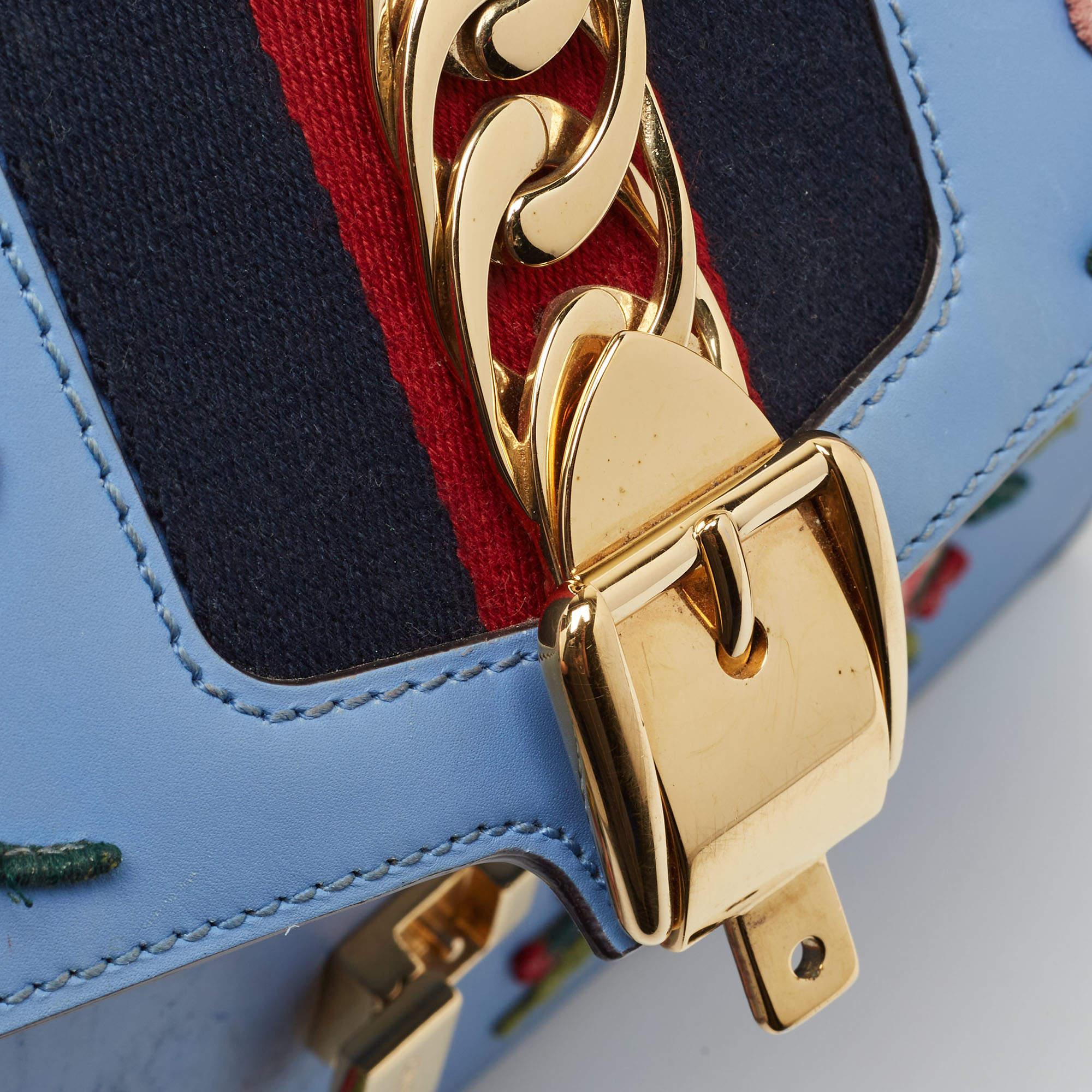 Gucci Blue Floral Embroidered Leather Medium Sylvie Top Handle Bag 5