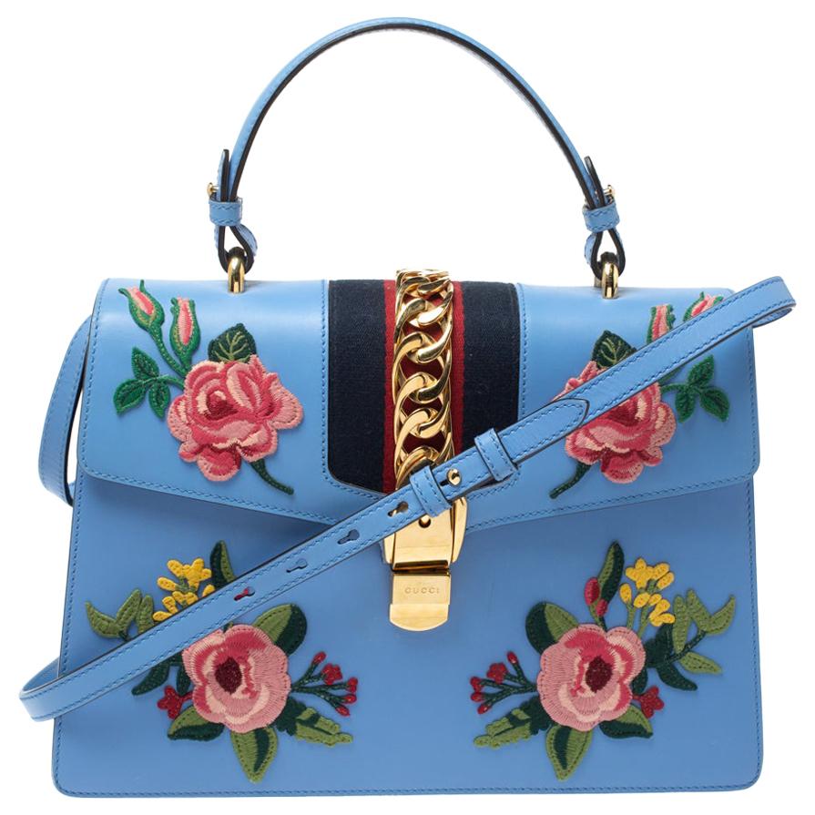 Gucci Blue Floral Embroidered Leather Medium Sylvie Top Handle Bag