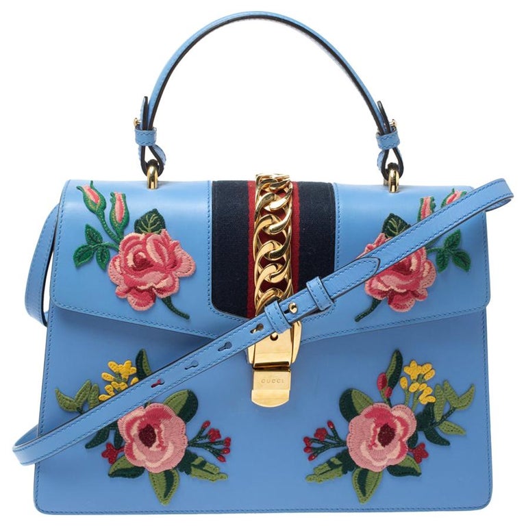Gucci Blue Floral Embroidered Leather Medium Sylvie Top Handle Bag at ...
