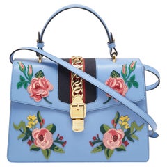 Gucci Blue Floral Embroidered Leather Medium Sylvie Top Handle Bag