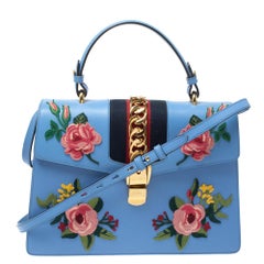 Gucci Blau Floral besticktes Leder Medium Sylvie Top Handle Bag