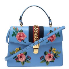 Gucci Blue Floral Embroidered Leather Medium Sylvie Top Handle Bag