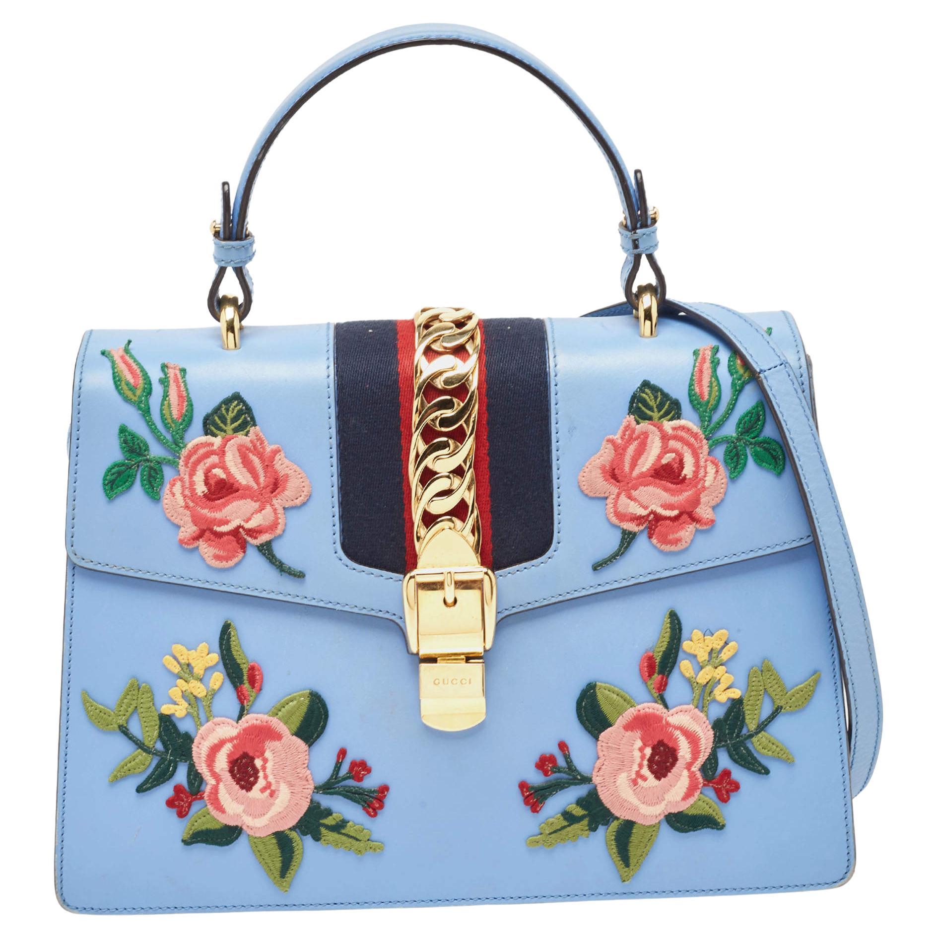 Gucci Blue Floral Embroidered Leather Medium Sylvie Top Handle Bag For Sale