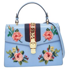 Gucci Blue Floral Embroidered Leather Medium Sylvie Top Handle Bag