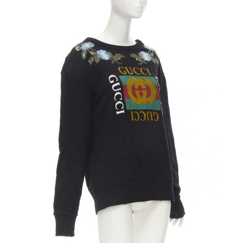 Black GUCCI blue floral embroidered vintage logo LOVED studded distressed sweatshirt S For Sale