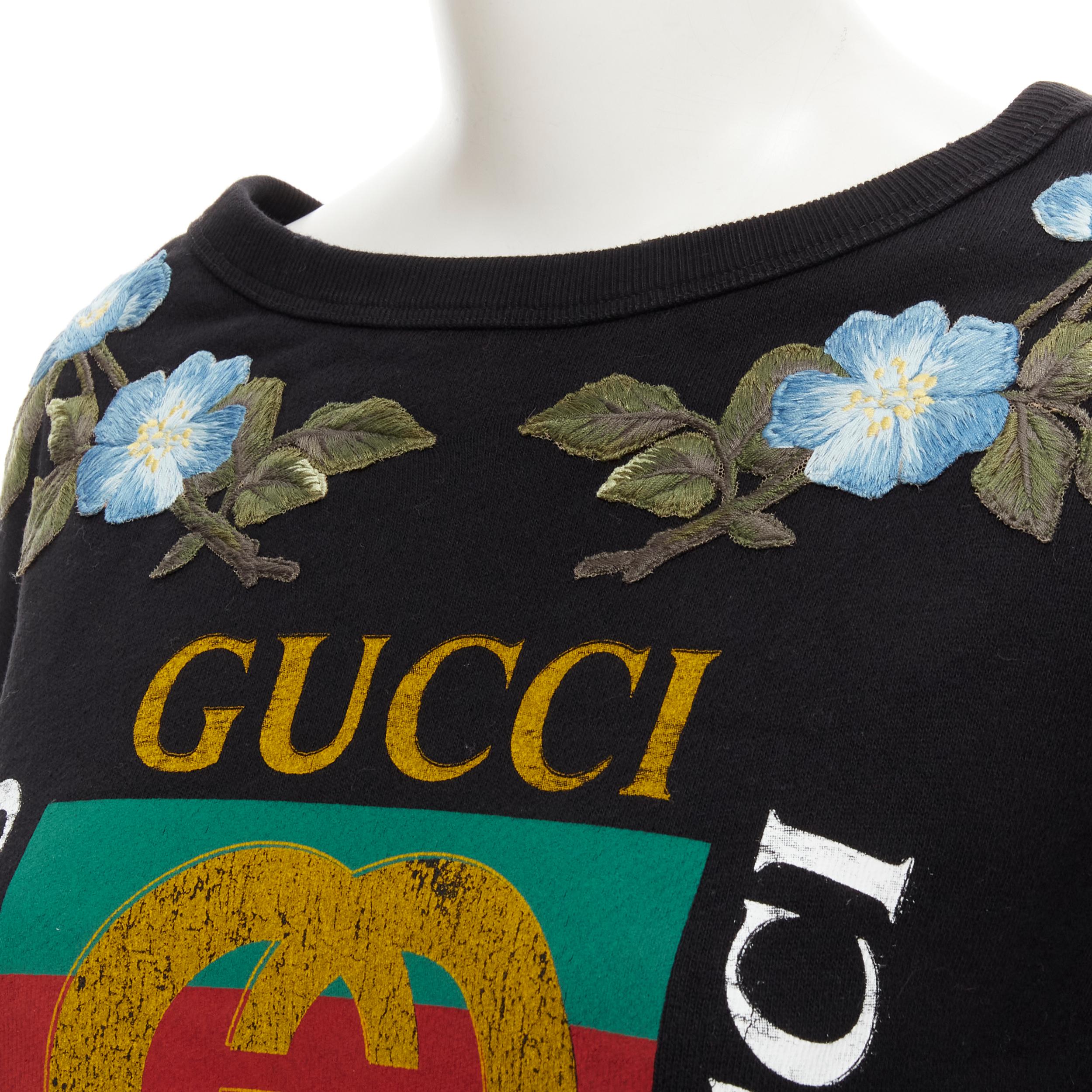 Black GUCCI blue floral embroidered vintage logo LOVED studded distressed sweatshirt S For Sale