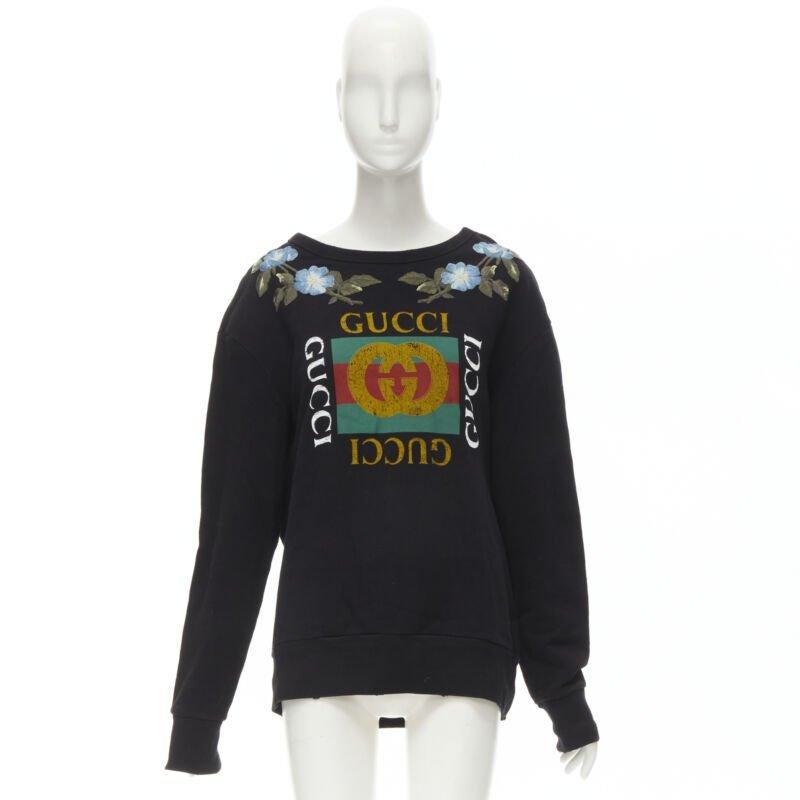 GUCCI blue floral embroidered vintage logo LOVED studded distressed sweatshirt S For Sale 4